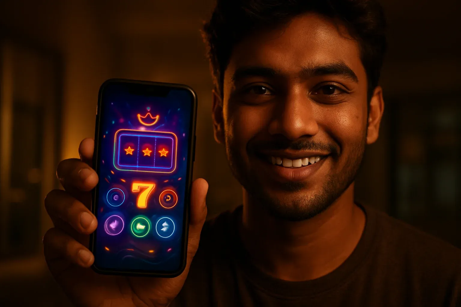 Young Bangladeshi man holding smartphone showing colorful mobile casino app