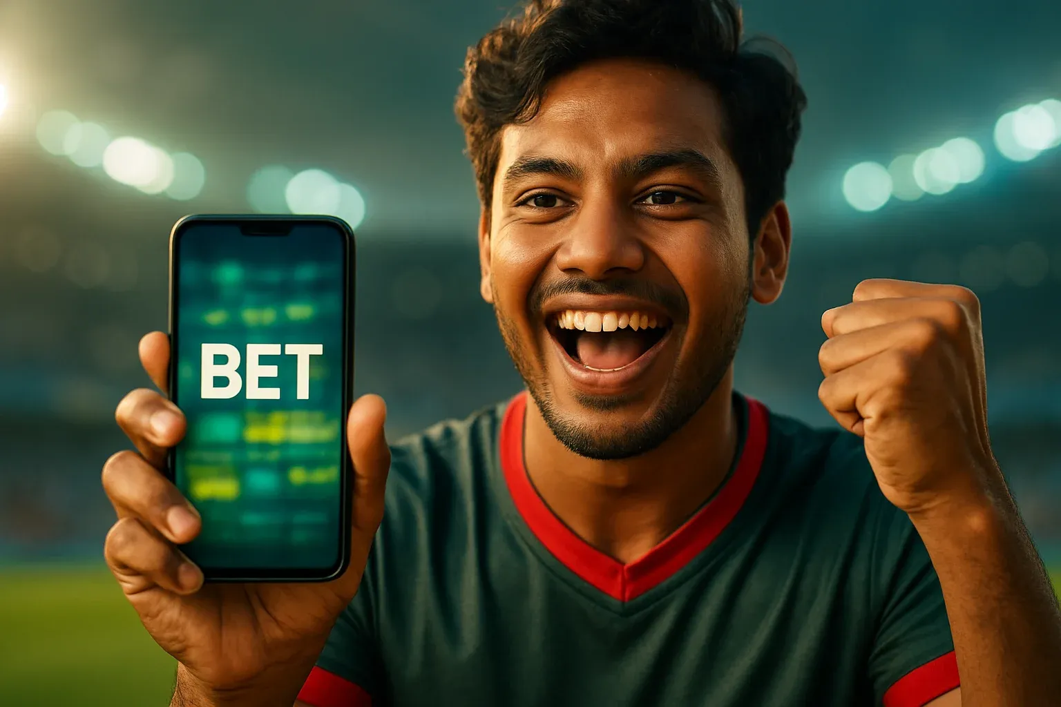 Excited young Bangladesh man cheering with smartphone showing sports betting screen