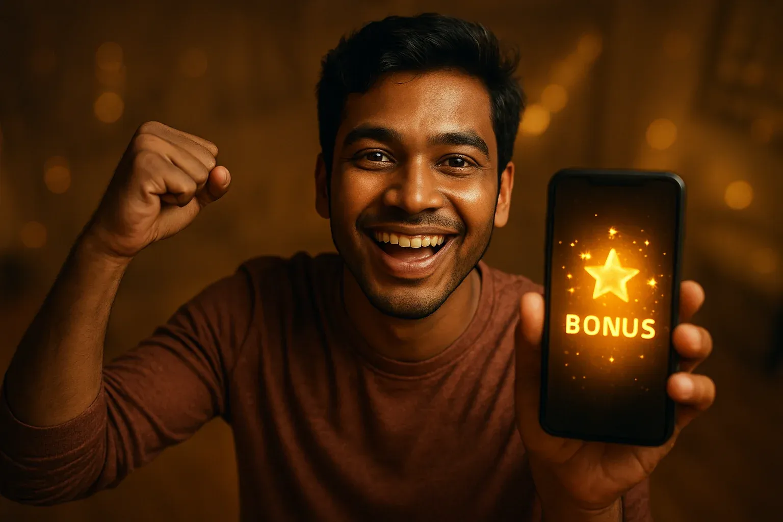 Joyful Bangladeshi man holding smartphone with glowing bonus notification