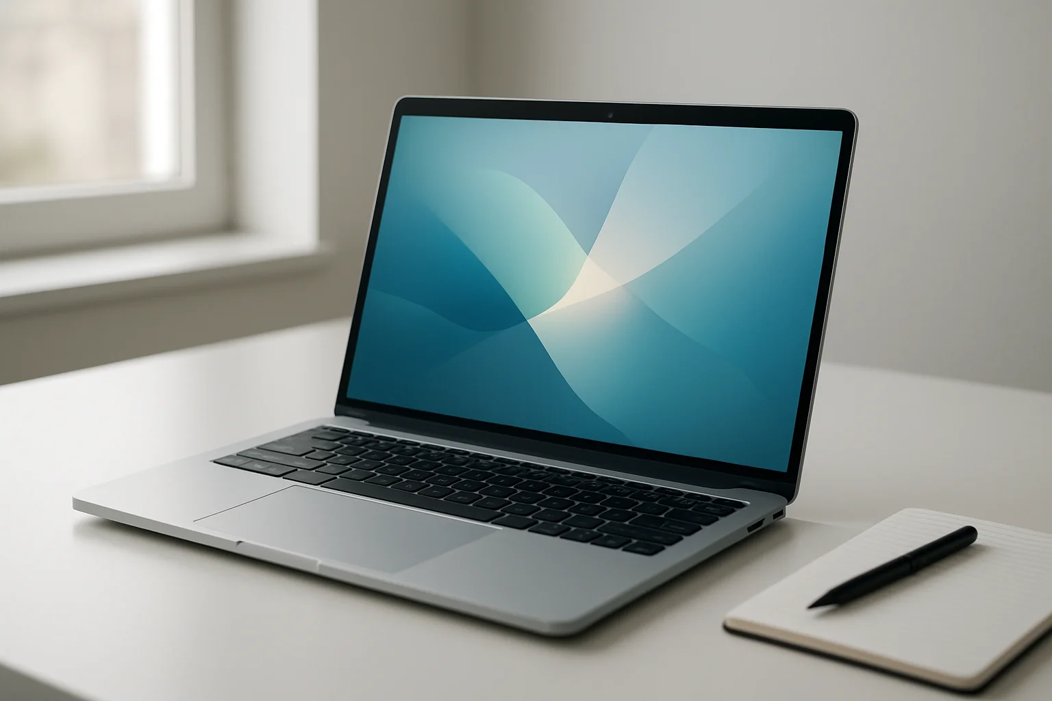 Modern laptop on white desk with glowing abstract screen and notepad