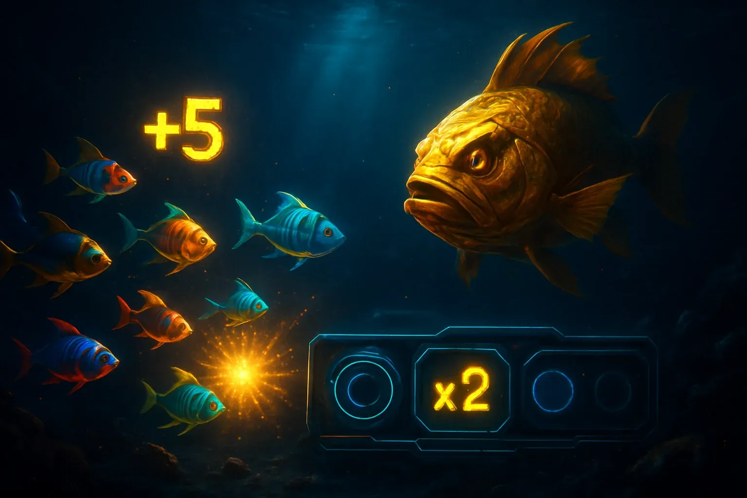 Hyperrealistic underwater arcade scene with glowing tropical fish and golden boss fish