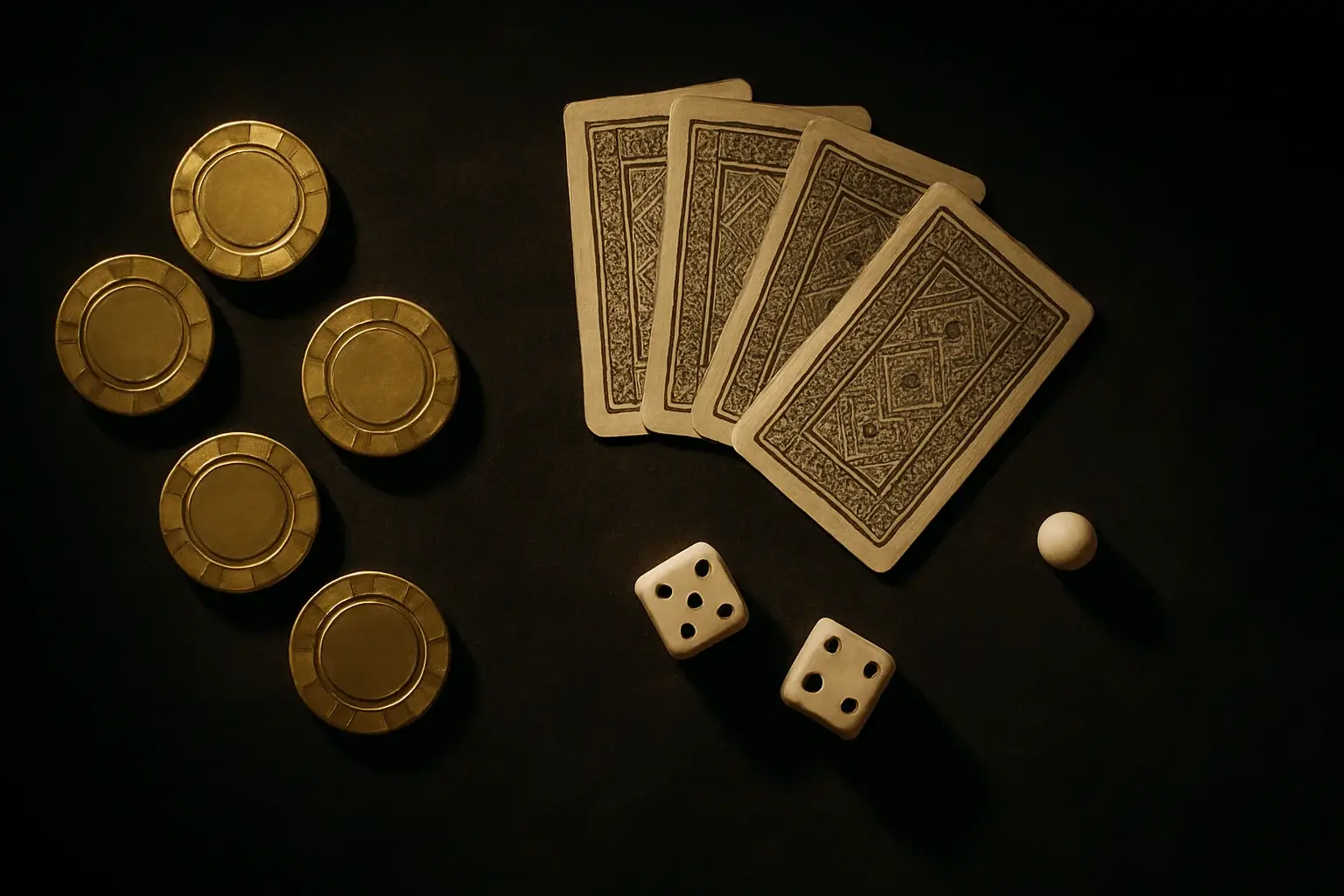 Top-down casino scene with chips, cards, dice, and roulette ball