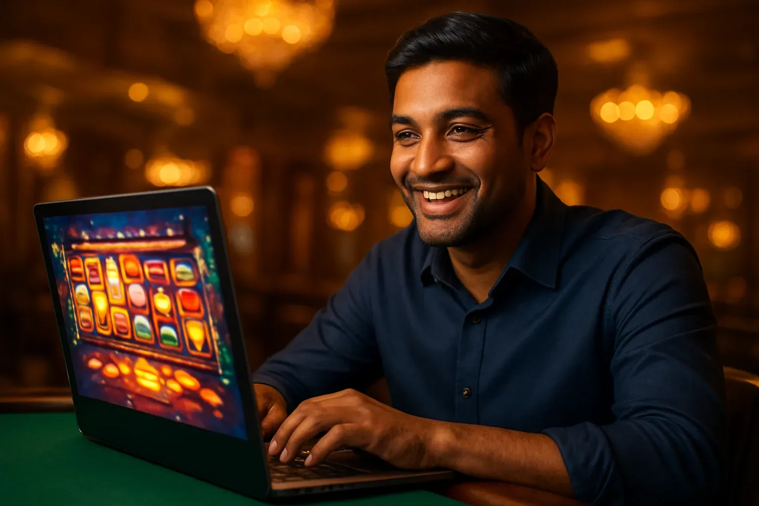 Cheerful Bangladeshi man with open laptop at premium casino lounge