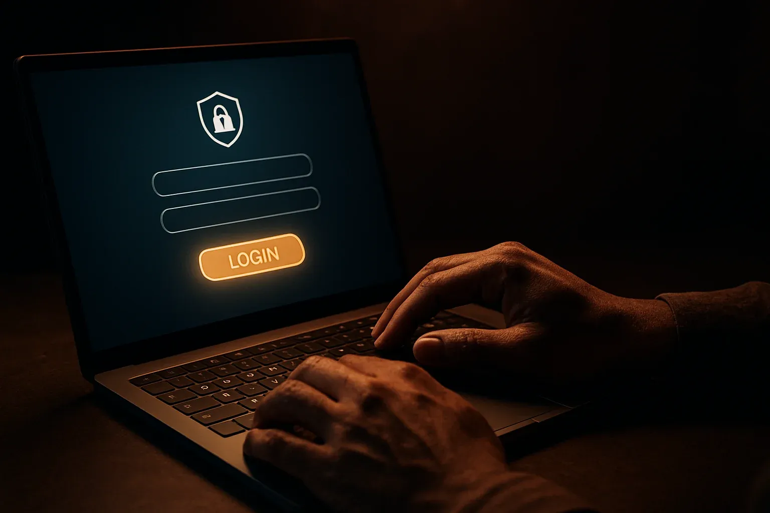 Bangladeshi man's hands on laptop showing stylized login form screen