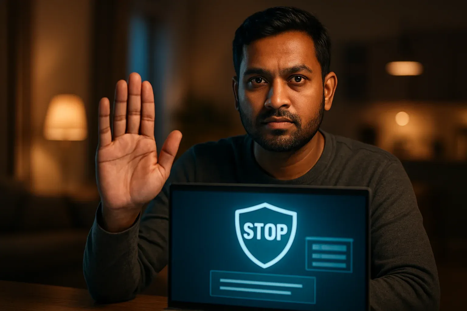 Bangladeshi man showing stop gesture beside laptop with responsible gambling screen