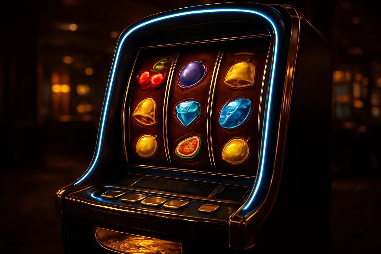 Hyperrealistic premium slot machine with glowing reels in luxury casino